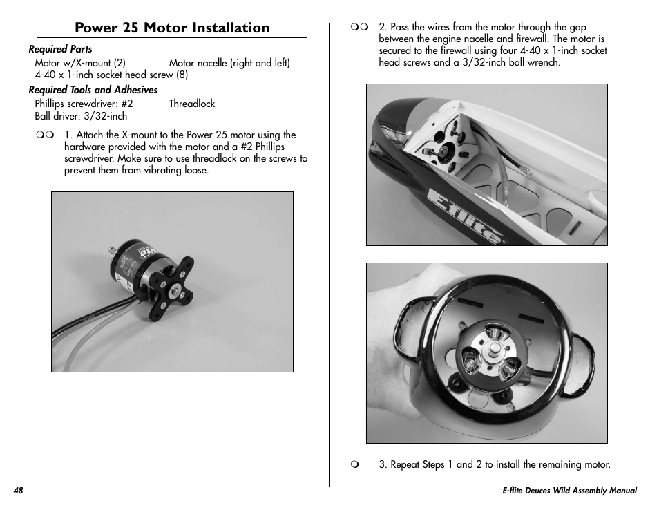 Power 25 motor installation | E-flite Deuces Wild 25e2 ARF User Manual | Page 48 / 68