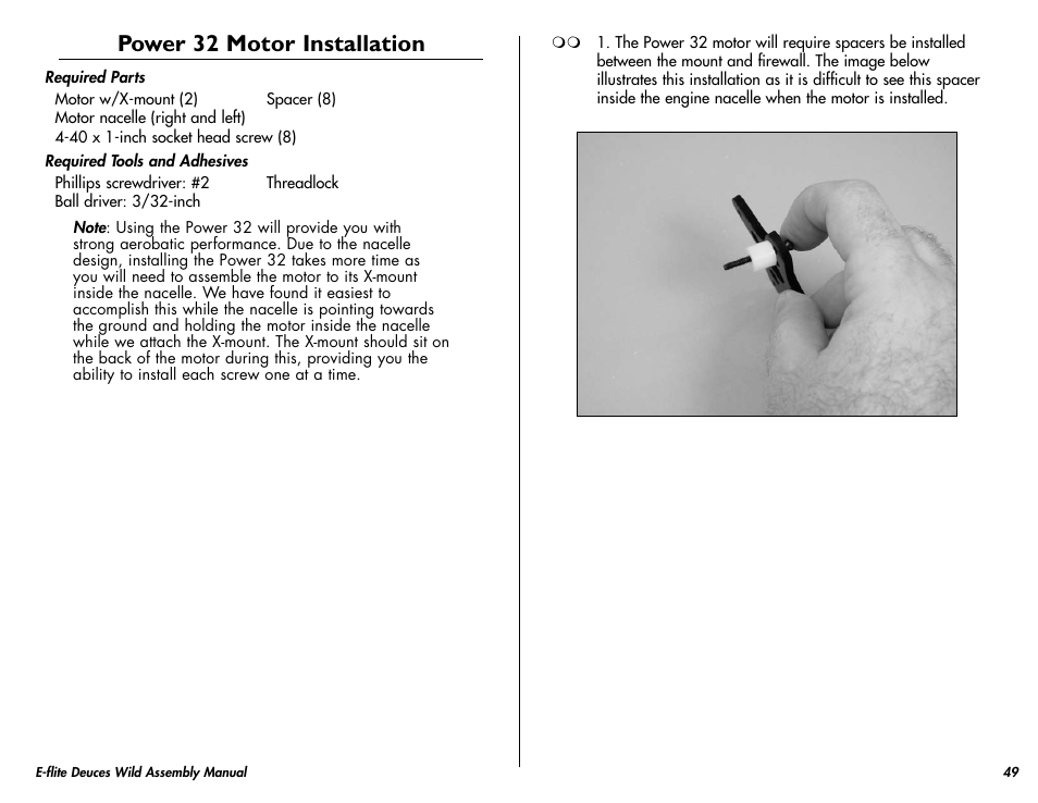 Power 32 motor installation | E-flite Deuces Wild 25e2 ARF User Manual | Page 49 / 68