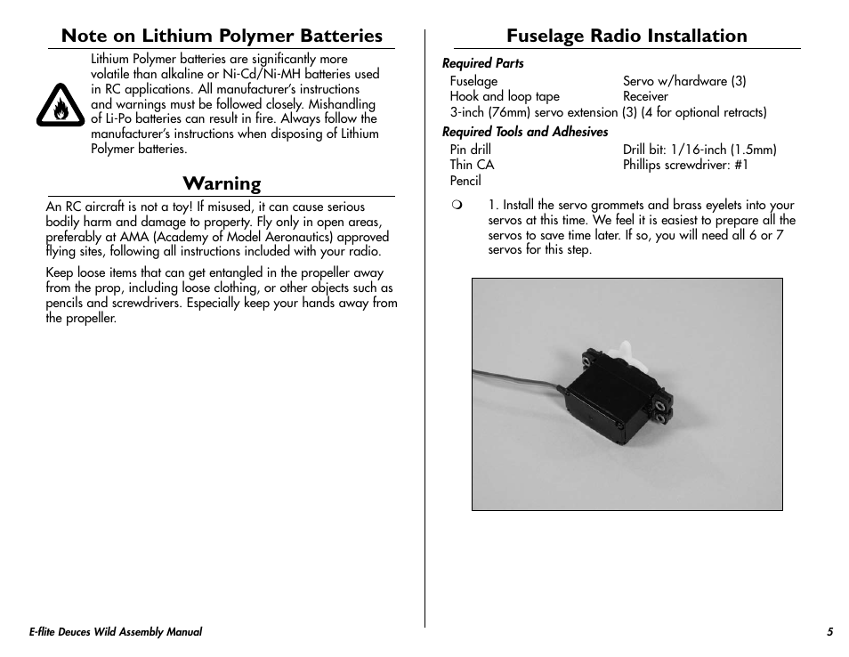 Warning, Fuselage radio installation | E-flite Deuces Wild 25e2 ARF User Manual | Page 5 / 68