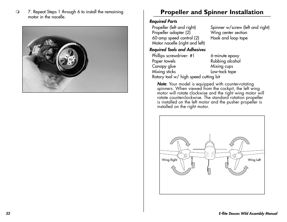 Propeller and spinner installation | E-flite Deuces Wild 25e2 ARF User Manual | Page 52 / 68