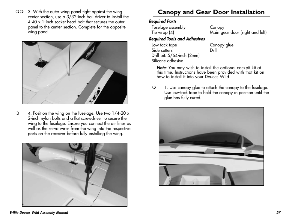 Canopy and gear door installation | E-flite Deuces Wild 25e2 ARF User Manual | Page 57 / 68