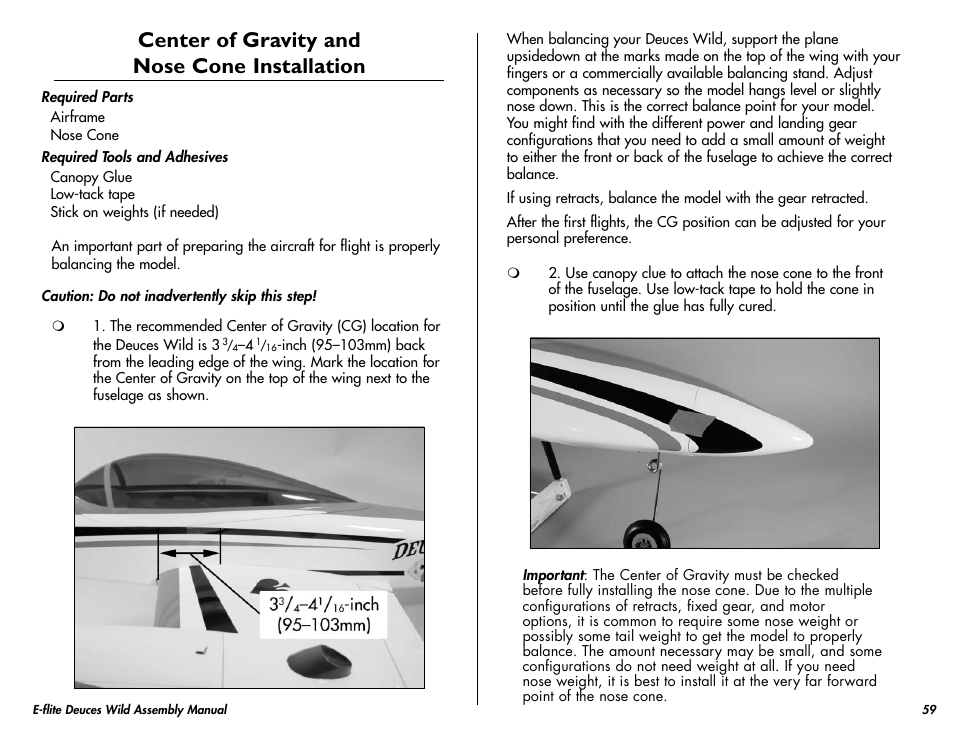 Center of gravity and nose cone installation | E-flite Deuces Wild 25e2 ARF User Manual | Page 59 / 68