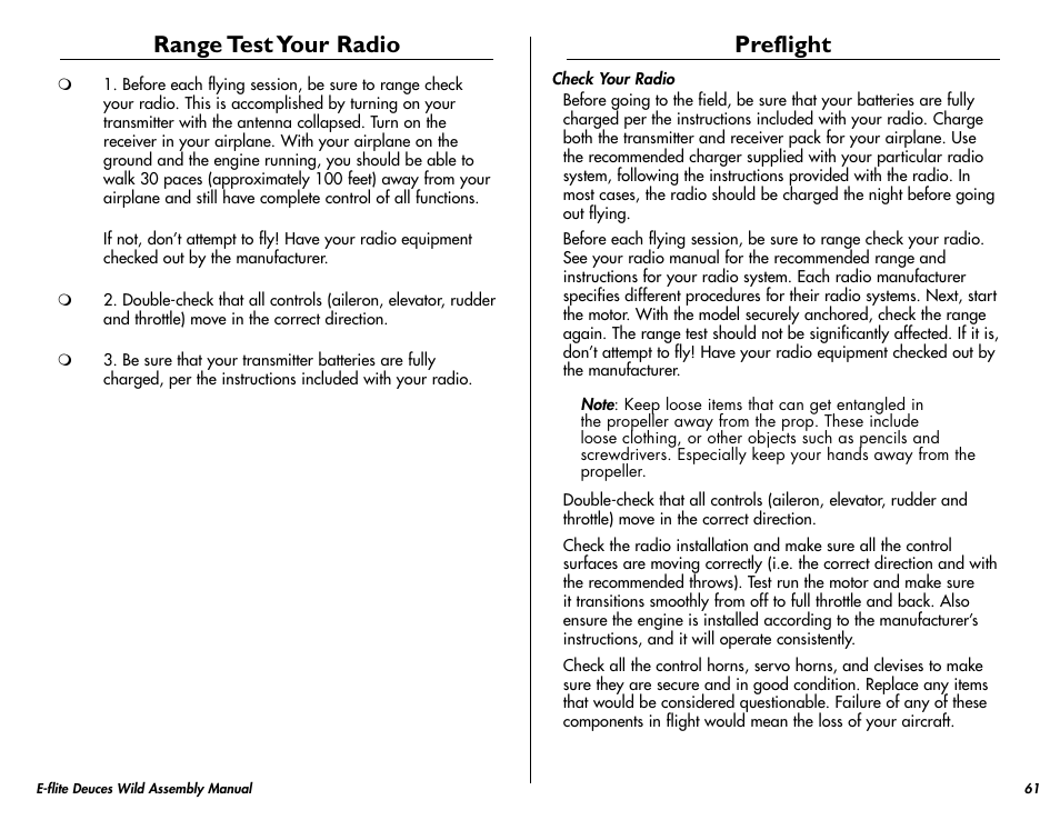 Range test your radio, Preflight | E-flite Deuces Wild 25e2 ARF User Manual | Page 61 / 68