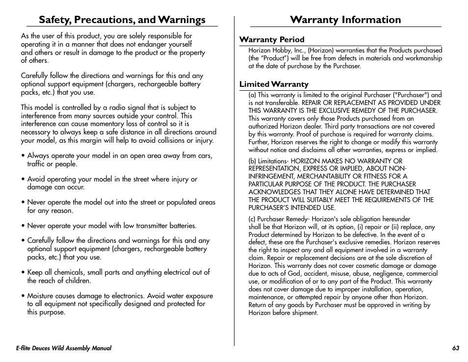 Safety, precautions, and warnings, Warranty information | E-flite Deuces Wild 25e2 ARF User Manual | Page 63 / 68