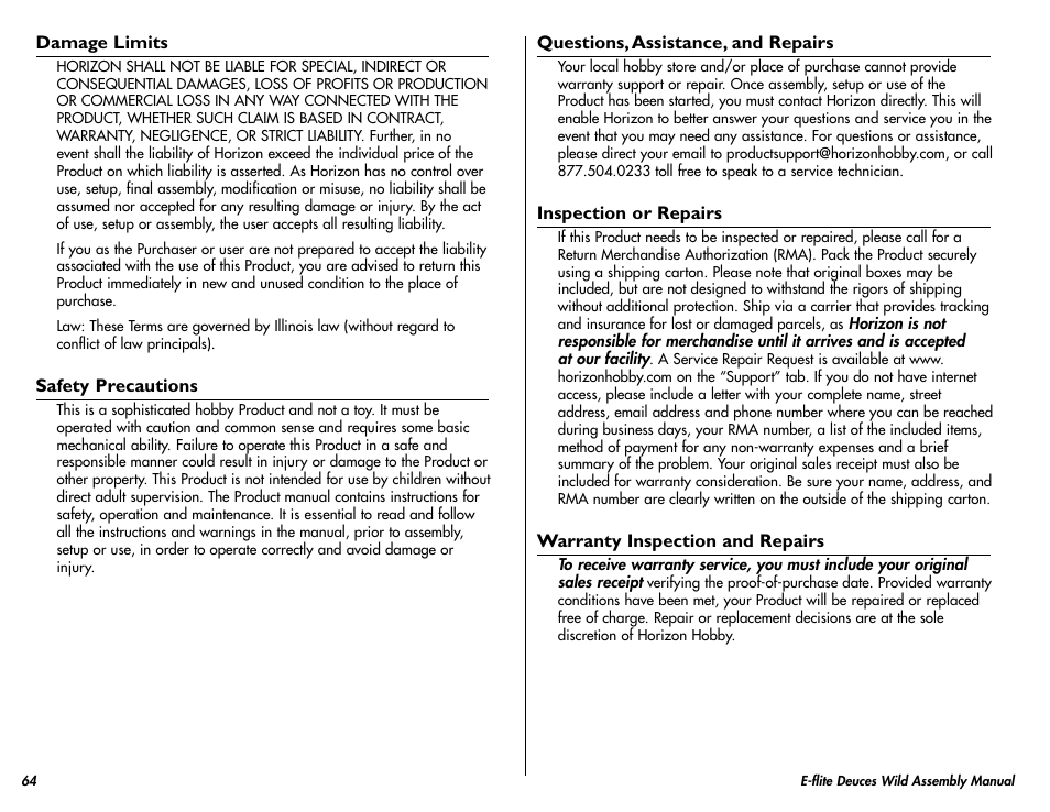 E-flite Deuces Wild 25e2 ARF User Manual | Page 64 / 68