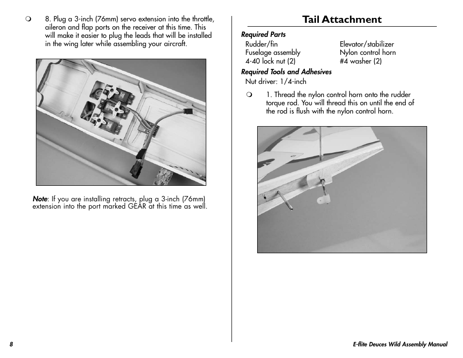 Tail attachment | E-flite Deuces Wild 25e2 ARF User Manual | Page 8 / 68