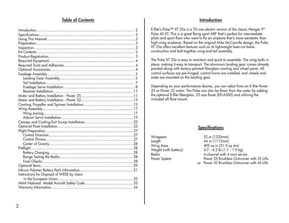 E-flite Pulse XT 25e ARF User Manual | Page 2 / 36