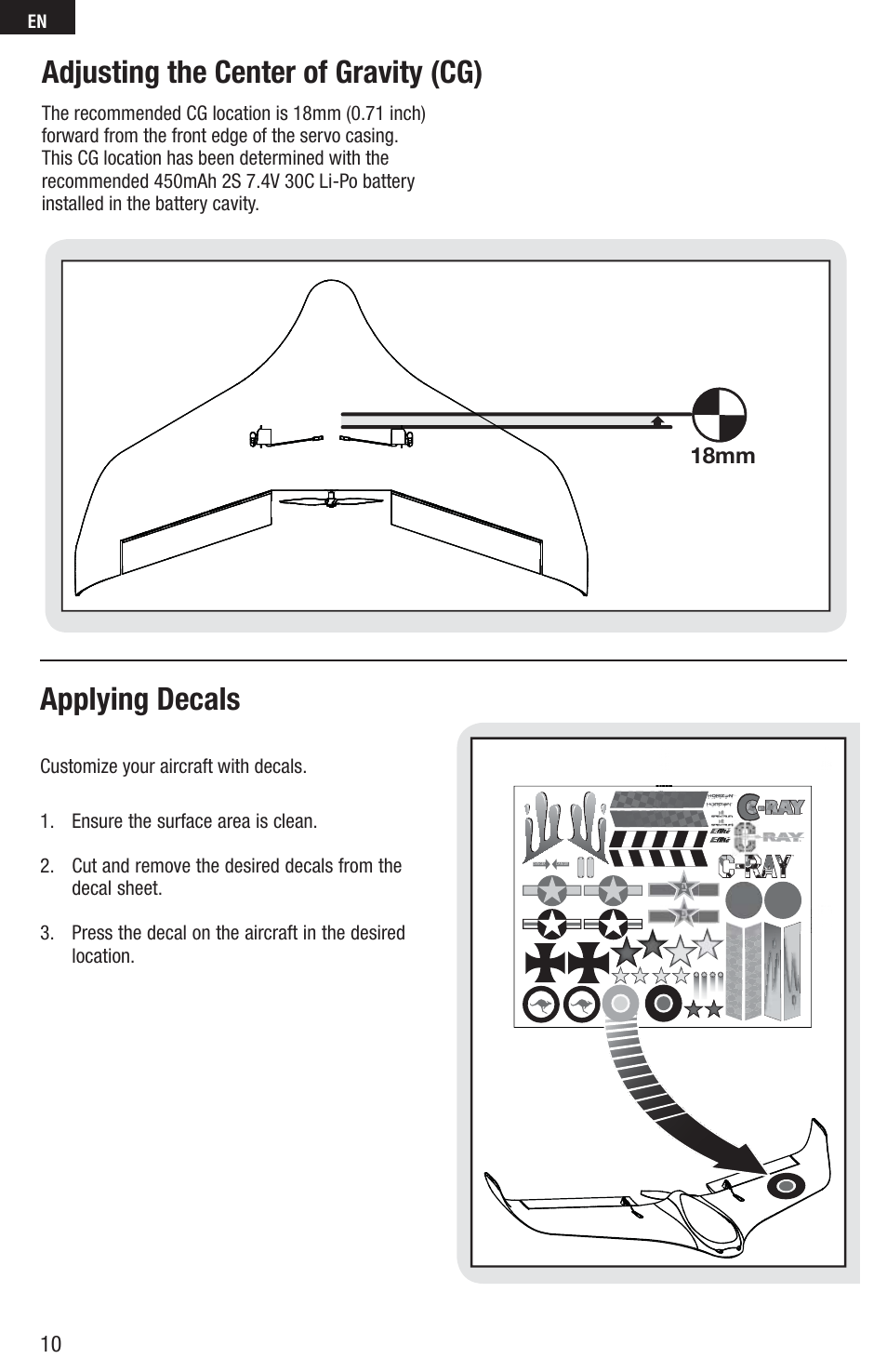 Adjusting the center of gravity (cg), Applying decals | E-flite C-Ray 180 PNP User Manual | Page 10 / 18