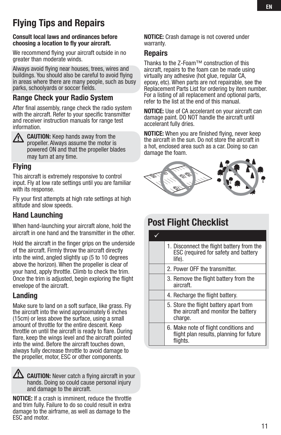Flying tips and repairs post flight checklist, Range check your radio system, Flying | Hand launching, Landing, Repairs | E-flite C-Ray 180 PNP User Manual | Page 11 / 18