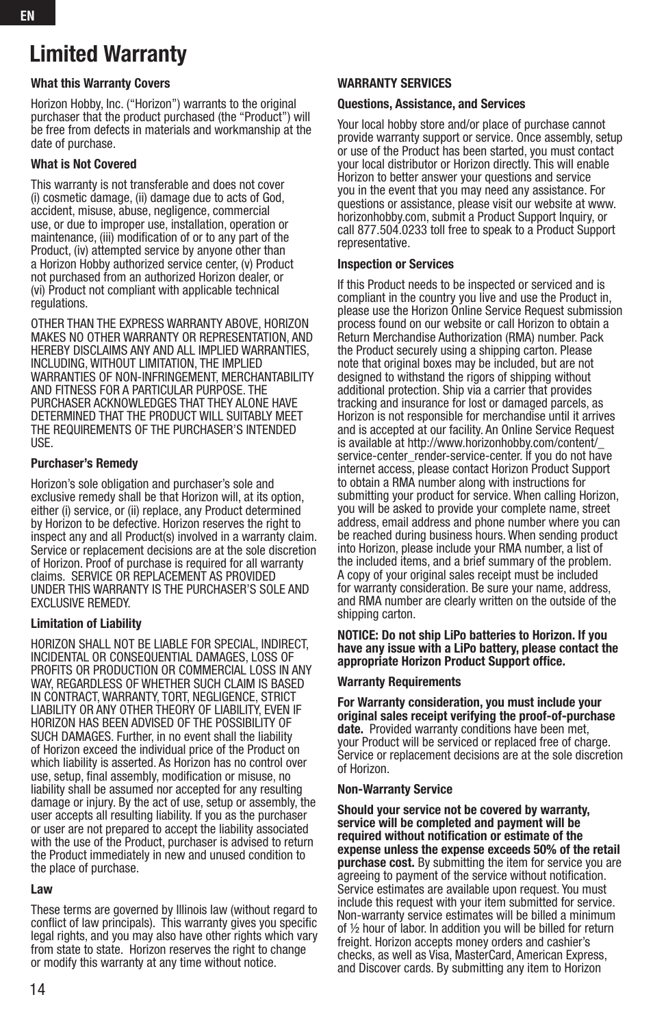 Limited warranty | E-flite C-Ray 180 PNP User Manual | Page 14 / 18