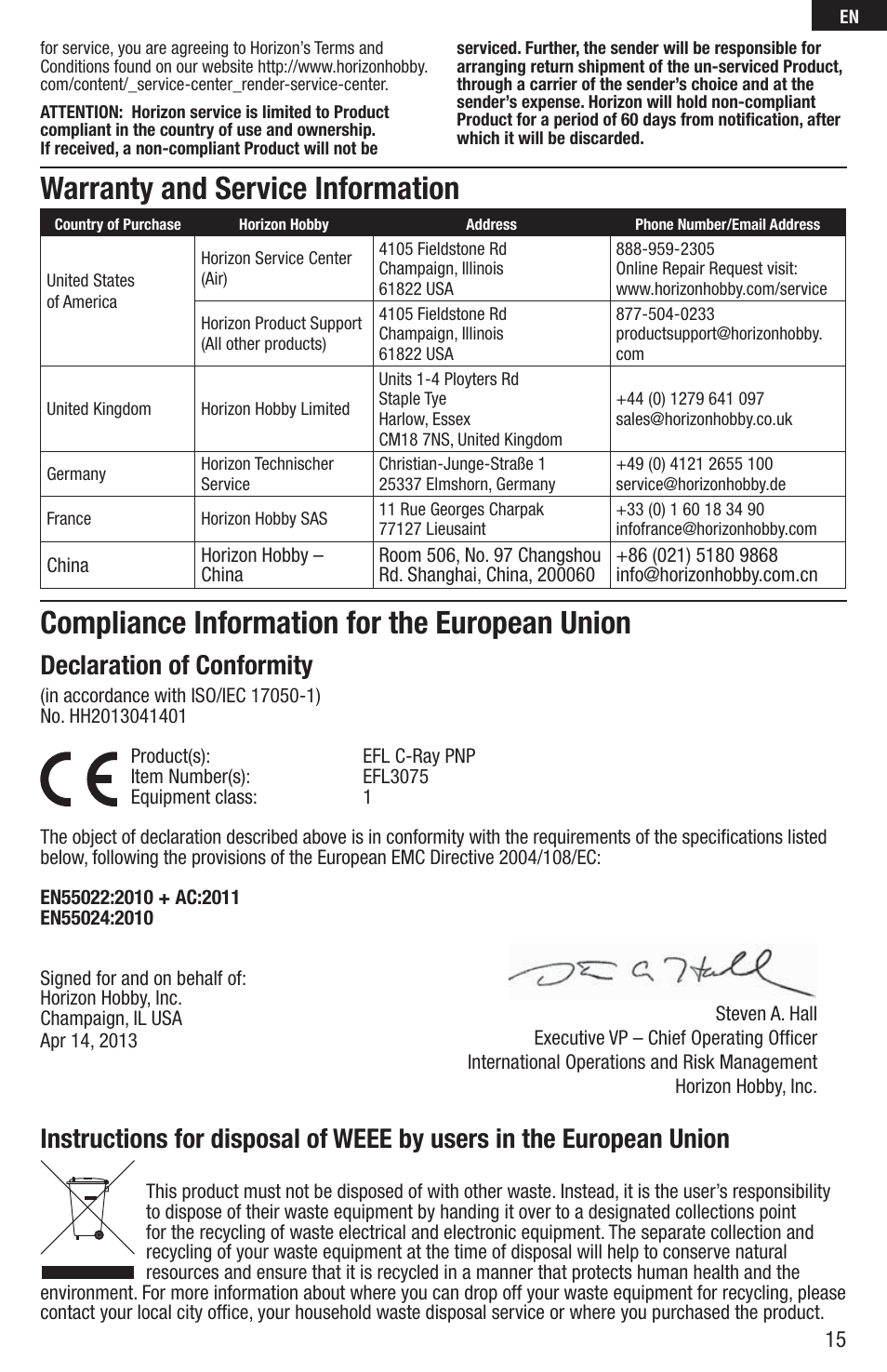 Compliance information for the european union, Warranty and service information, Declaration of conformity | E-flite C-Ray 180 PNP User Manual | Page 15 / 18