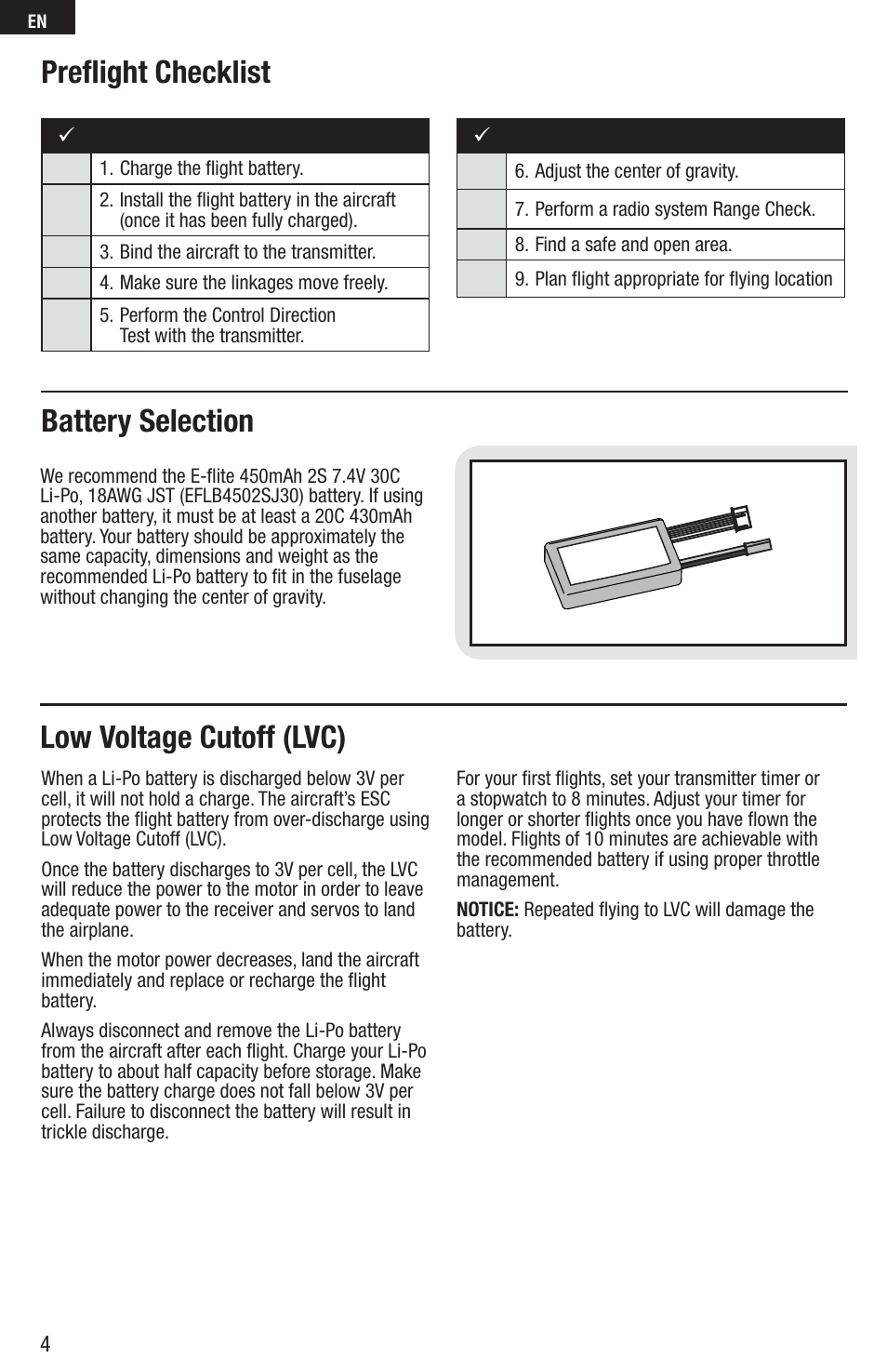 Preﬂ ight checklist, Low voltage cutoff (lvc), Battery selection | E-flite C-Ray 180 PNP User Manual | Page 4 / 18