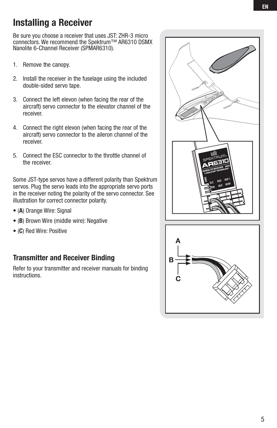 Installing a receiver, Transmitter and receiver binding | E-flite C-Ray 180 PNP User Manual | Page 5 / 18