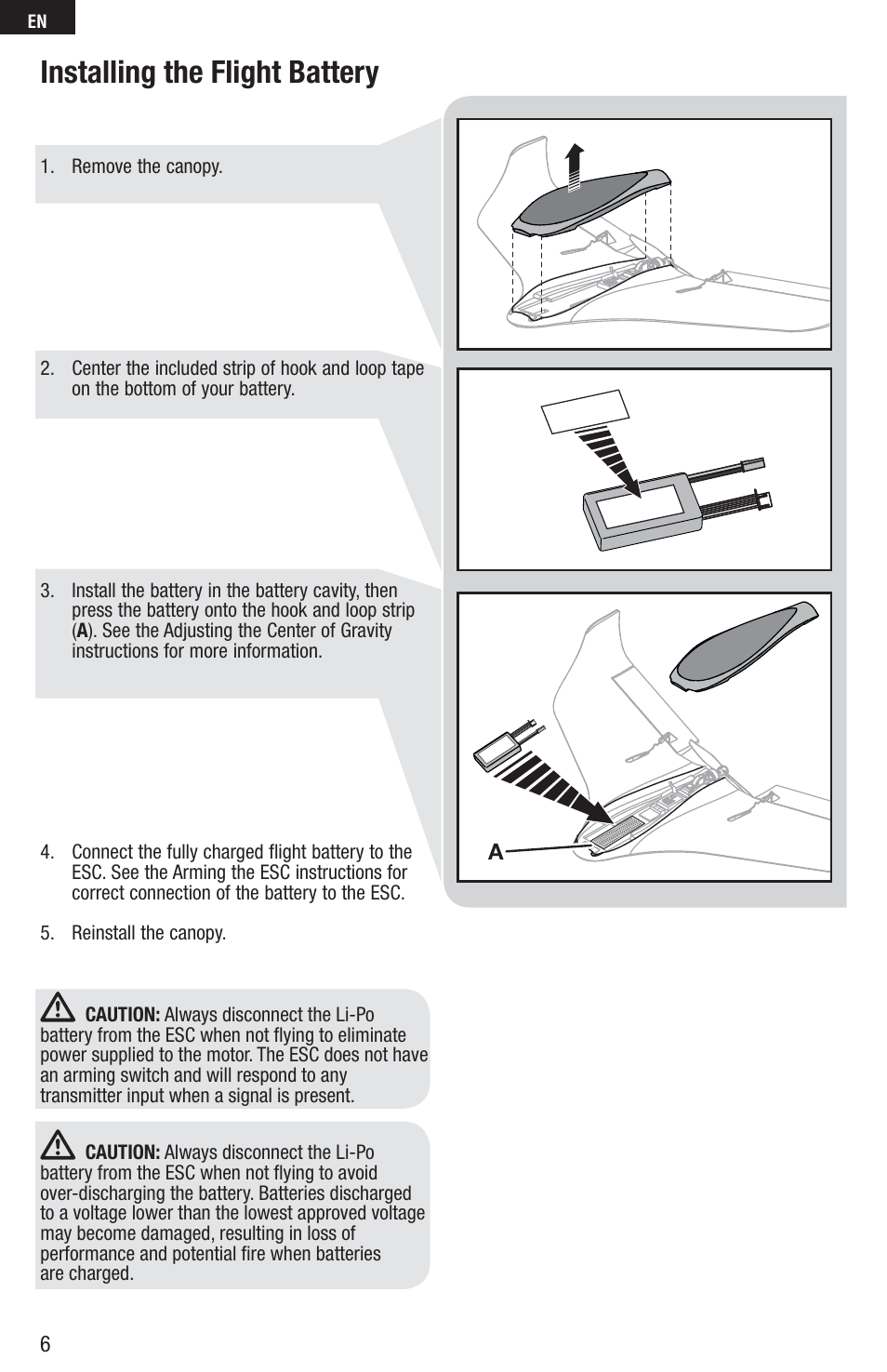 Installing the flight battery | E-flite C-Ray 180 PNP User Manual | Page 6 / 18