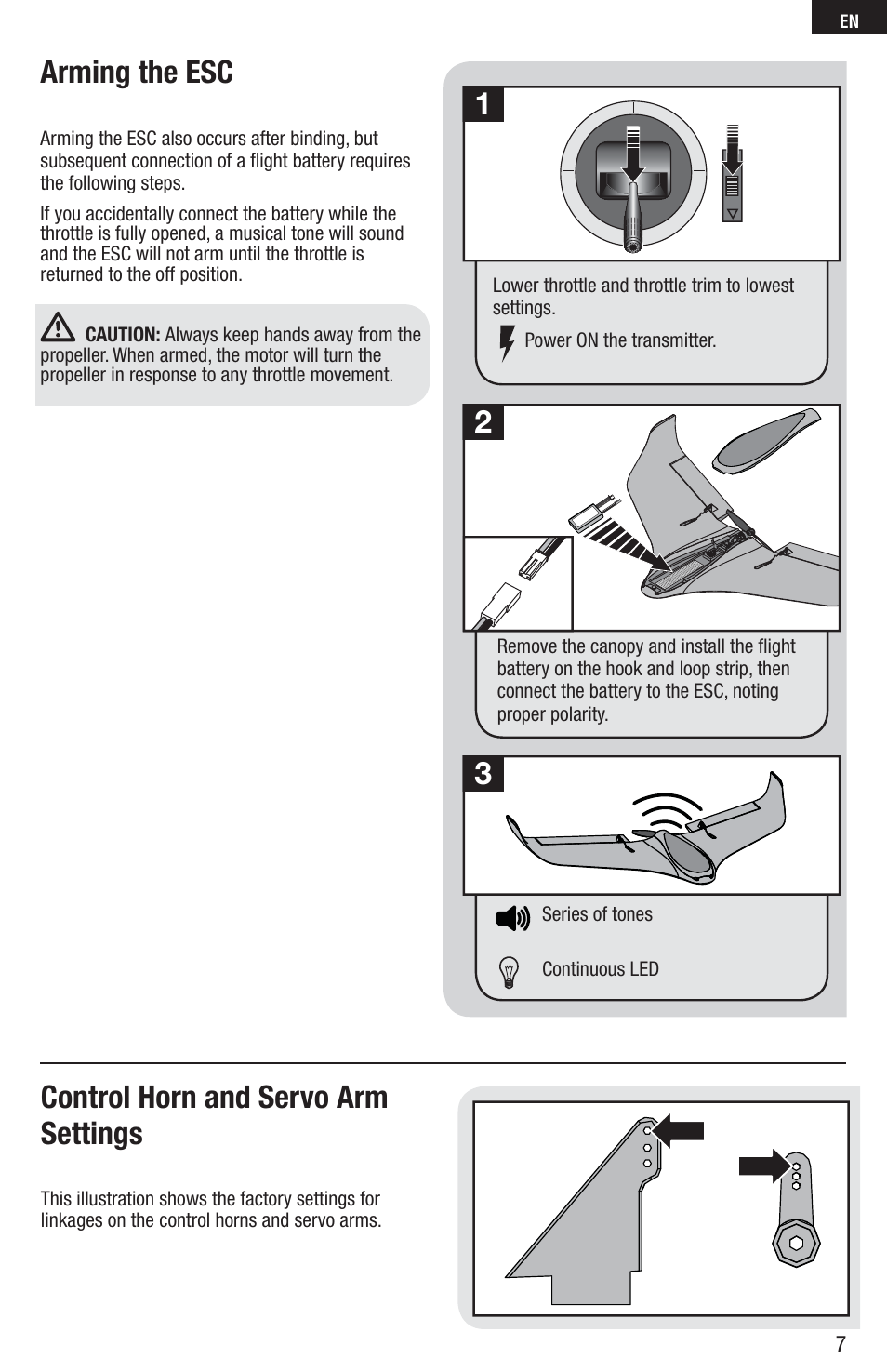 Arming the esc, 3control horn and servo arm settings | E-flite C-Ray 180 PNP User Manual | Page 7 / 18