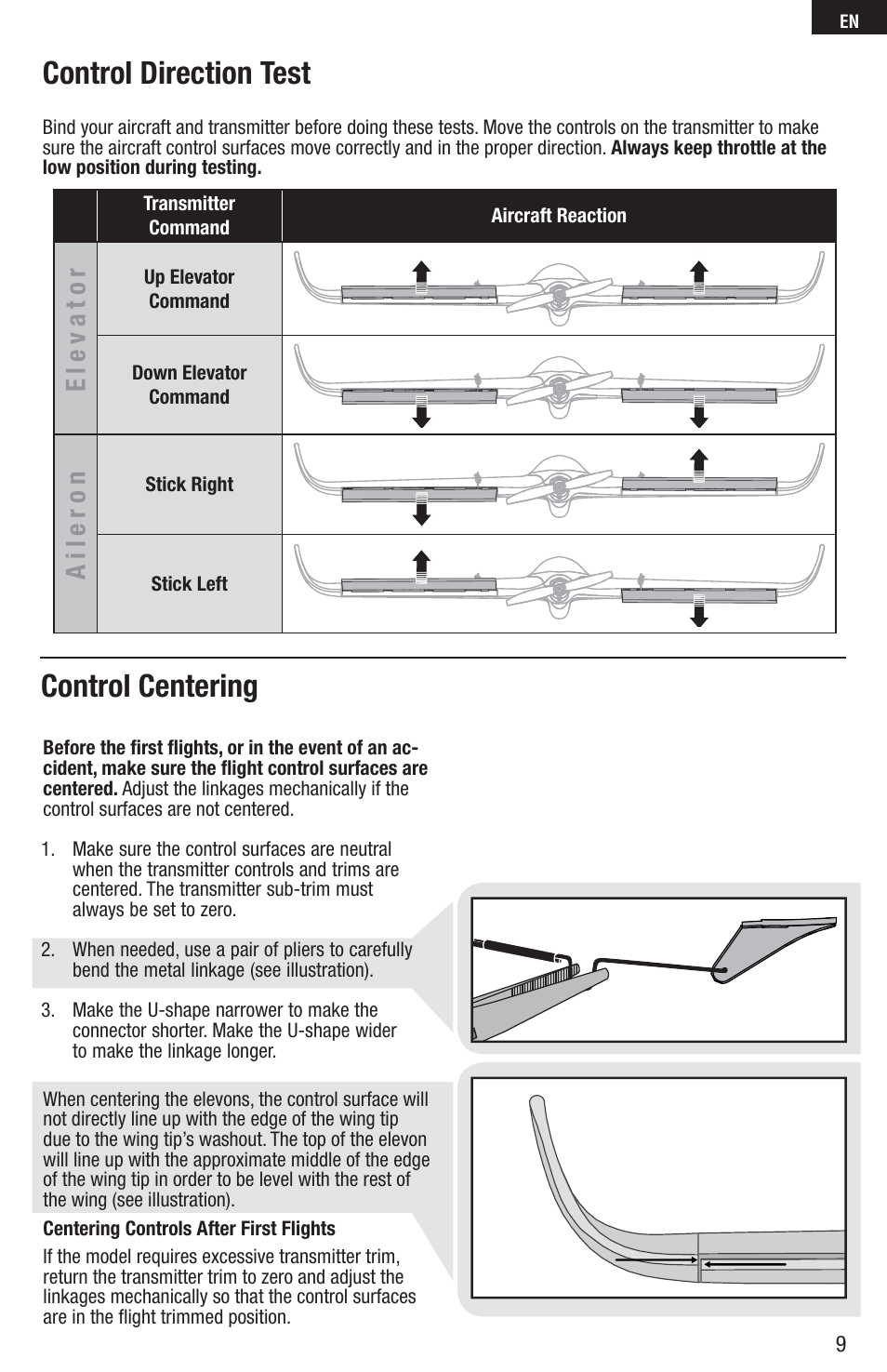 Control centering, Control direction test, Elev ator | Aileron | E-flite C-Ray 180 PNP User Manual | Page 9 / 18
