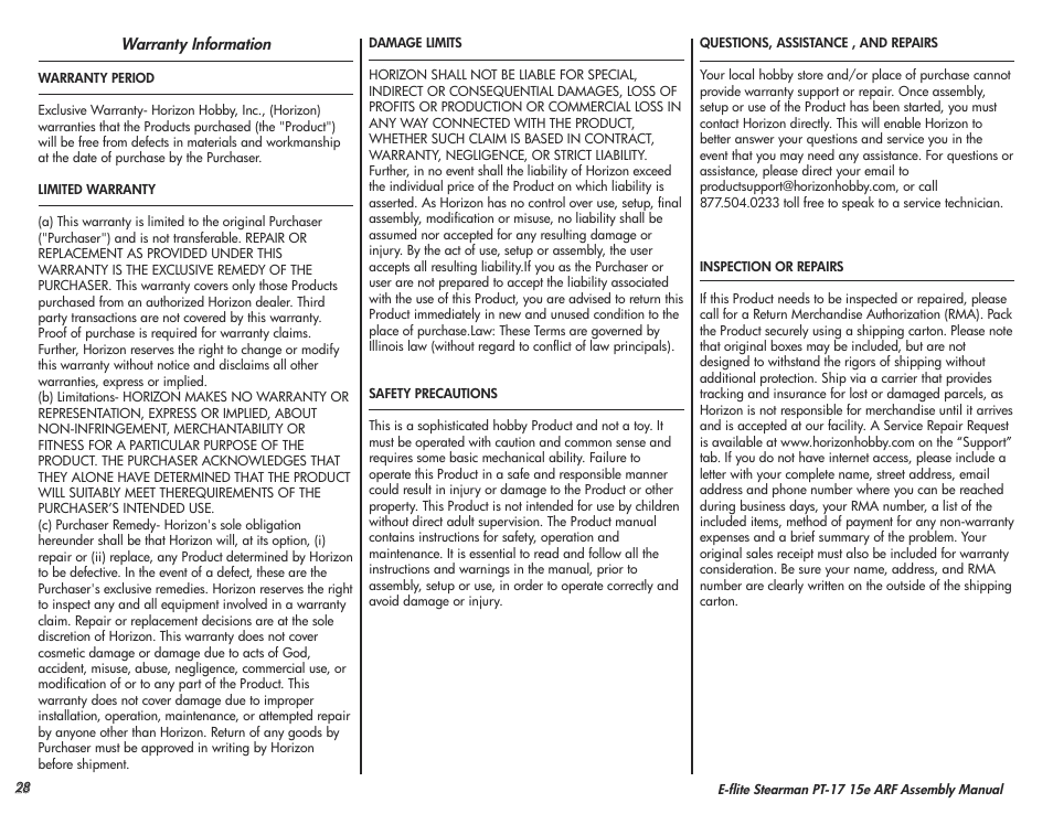 E-flite Stearman PT-17 15e ARF User Manual | Page 28 / 32