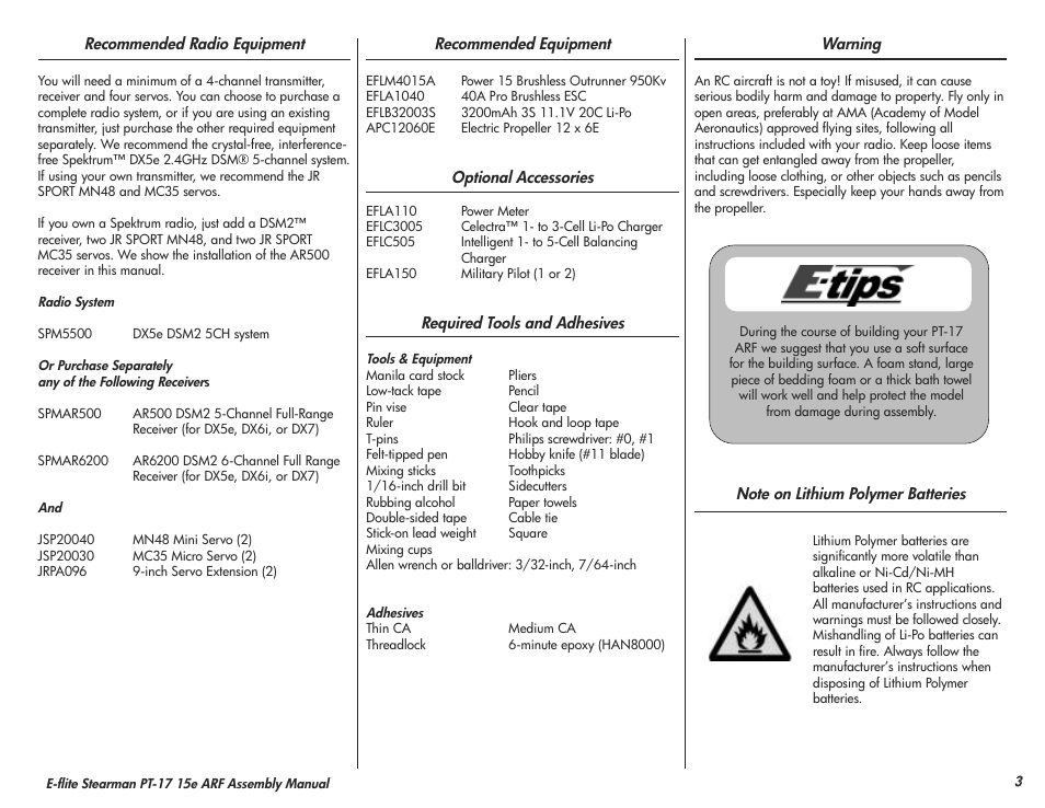 E-flite Stearman PT-17 15e ARF User Manual | Page 3 / 32