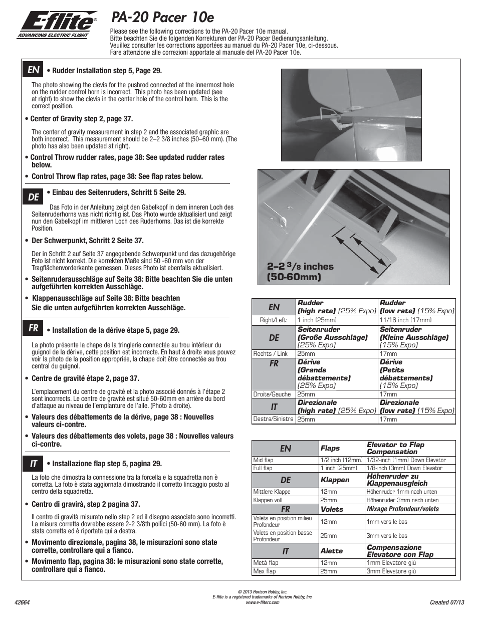 E-flite PA-20 Pacer 10e ARF Addendum User Manual | 1 page