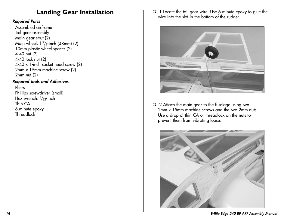 Landing gear installation | E-flite Edge 540 BP 3D ARF User Manual | Page 14 / 32