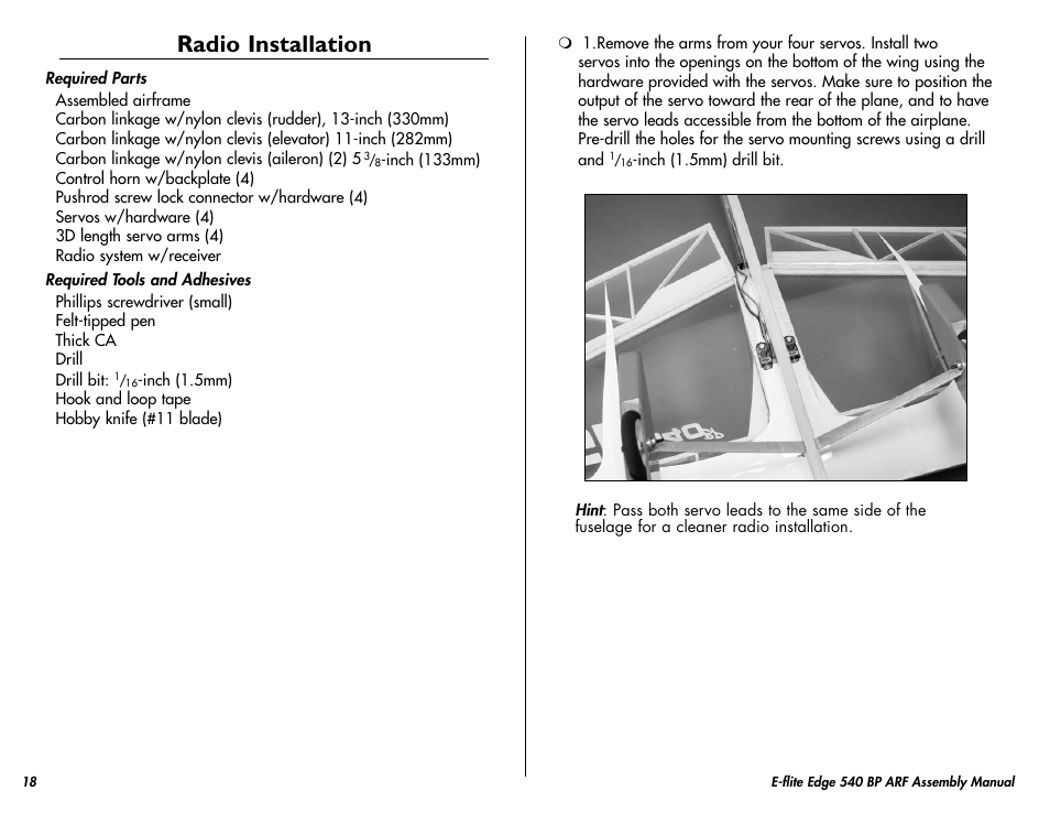 Radio installation | E-flite Edge 540 BP 3D ARF User Manual | Page 18 / 32