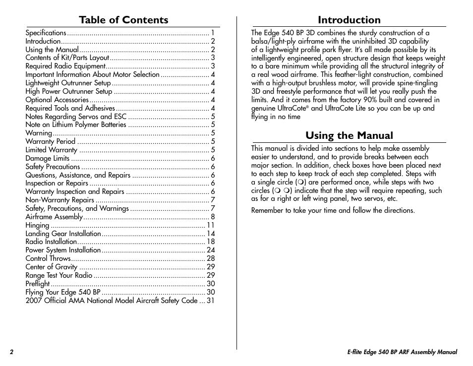 E-flite Edge 540 BP 3D ARF User Manual | Page 2 / 32
