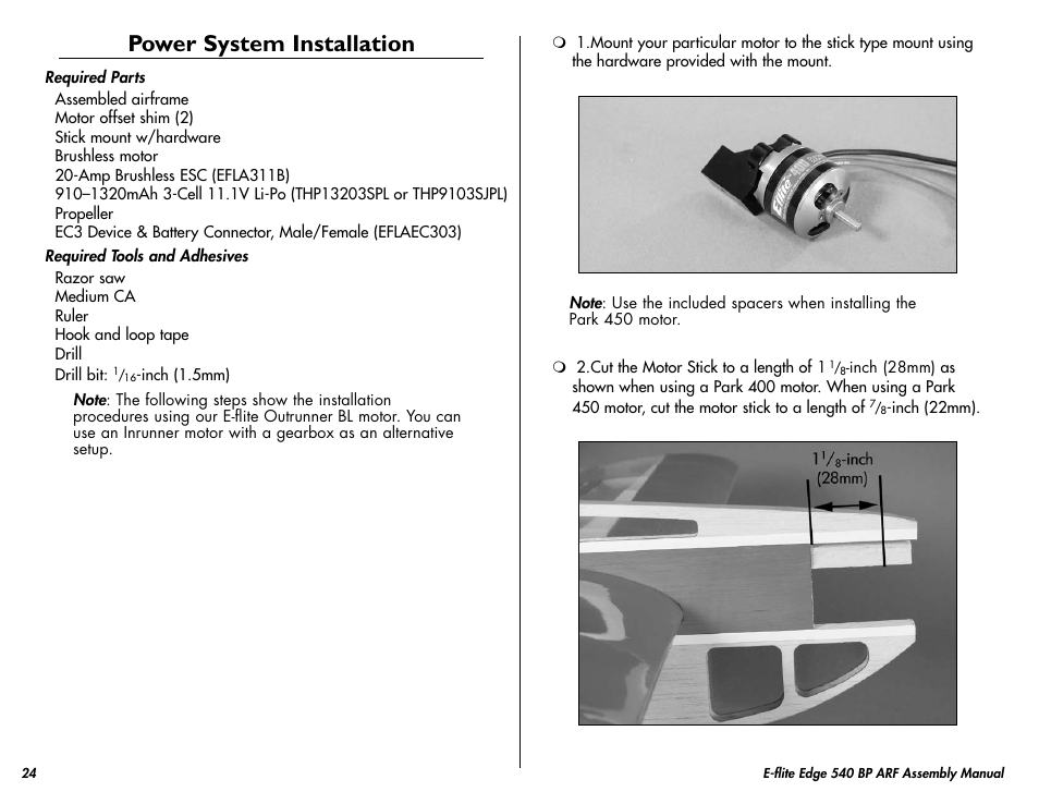 Power system installation | E-flite Edge 540 BP 3D ARF User Manual | Page 24 / 32