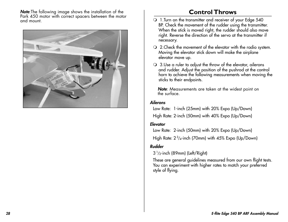Control throws | E-flite Edge 540 BP 3D ARF User Manual | Page 28 / 32
