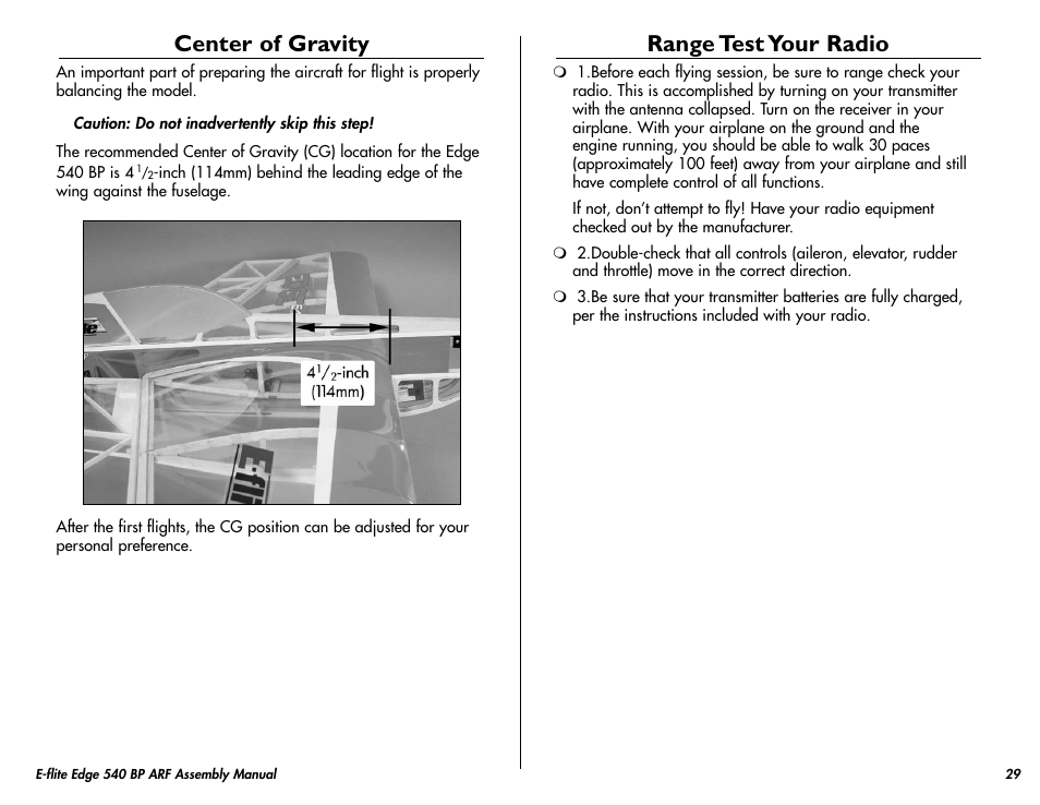 Center of gravity, Range test your radio | E-flite Edge 540 BP 3D ARF User Manual | Page 29 / 32