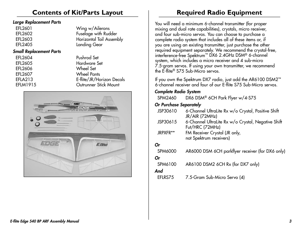 Contents of kit/parts layout, Required radio equipment | E-flite Edge 540 BP 3D ARF User Manual | Page 3 / 32