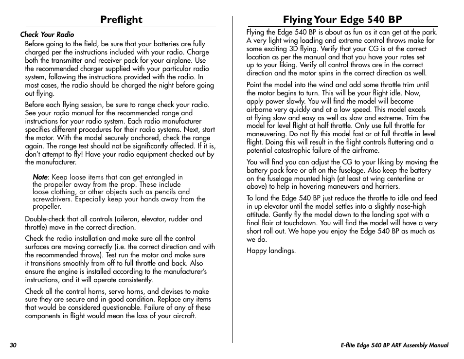 Preflight, Flying your edge 540 bp | E-flite Edge 540 BP 3D ARF User Manual | Page 30 / 32