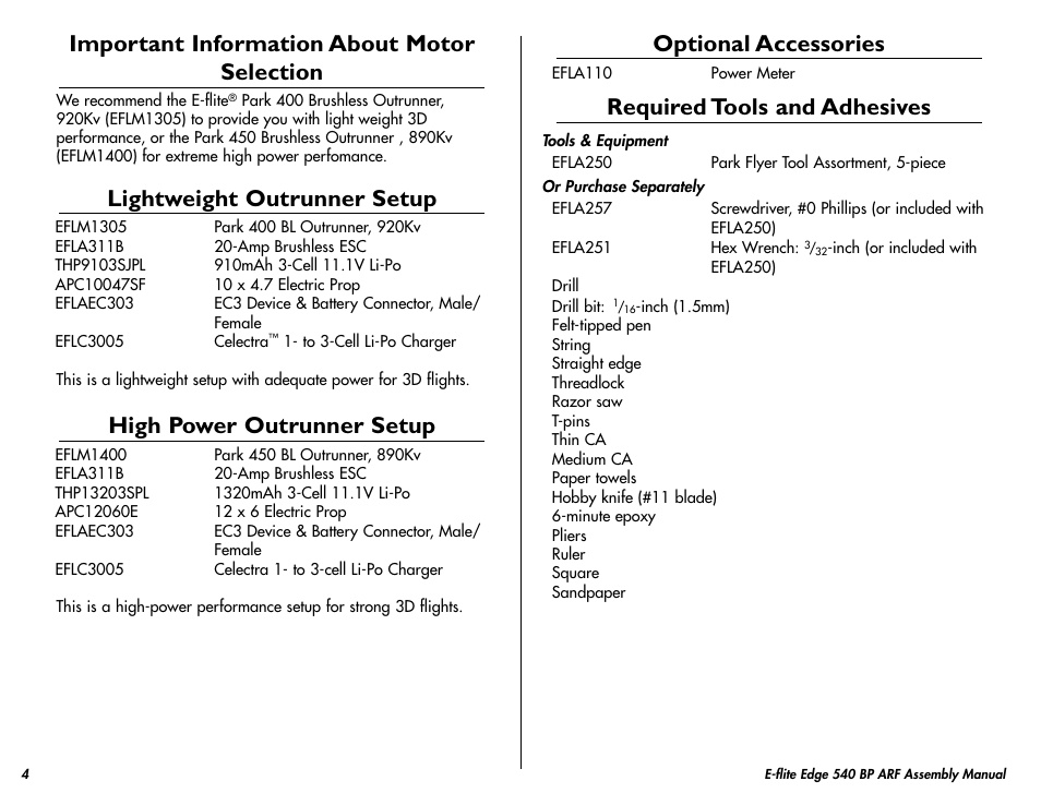 Important information about motor selection, Lightweight outrunner setup, High power outrunner setup | Optional accessories, Required tools and adhesives | E-flite Edge 540 BP 3D ARF User Manual | Page 4 / 32