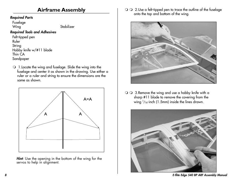 Airframe assembly | E-flite Edge 540 BP 3D ARF User Manual | Page 8 / 32