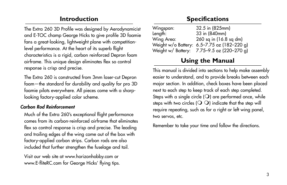 Introduction, Specifications, Using the manual | Using.the.manual | E-flite Extra 260 3D Profile User Manual | Page 3 / 44