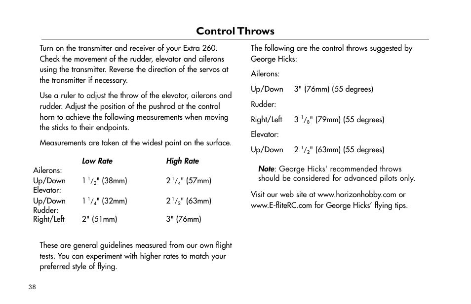 Control throws, Control.throws | E-flite Extra 260 3D Profile User Manual | Page 38 / 44