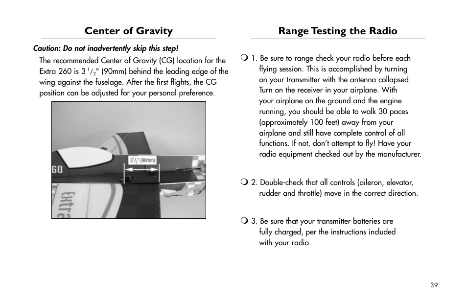 Center of gravity, Range testing the radio, Center.of.gravity | Range.testing.the.radio | E-flite Extra 260 3D Profile User Manual | Page 39 / 44