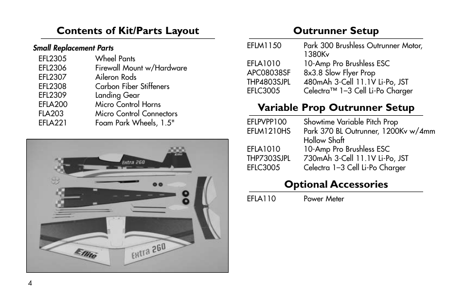 Contents of kit/parts layout, Outrunner setup, Variable prop outrunner setup | Optional accessories, Contents.of.kit/parts.layout, Outrunner.setup, Variable.prop.outrunner.setup, Optional.accessories | E-flite Extra 260 3D Profile User Manual | Page 4 / 44