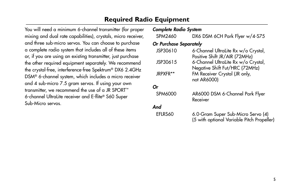 Required radio equipment, Required.radio.equipment | E-flite Extra 260 3D Profile User Manual | Page 5 / 44