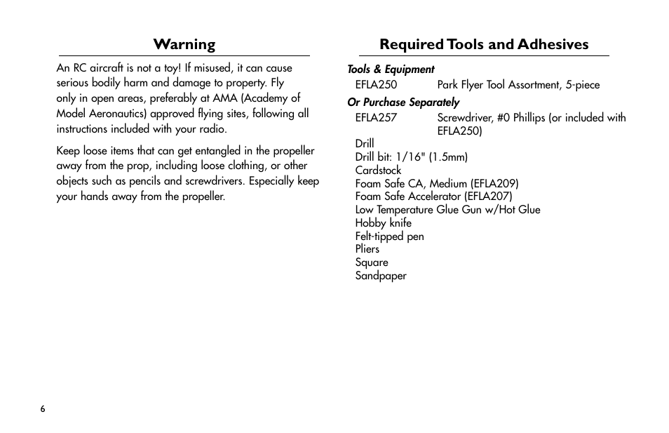 Warning, Required tools and adhesives, Required.tools.and.adhesives | E-flite Extra 260 3D Profile User Manual | Page 6 / 44