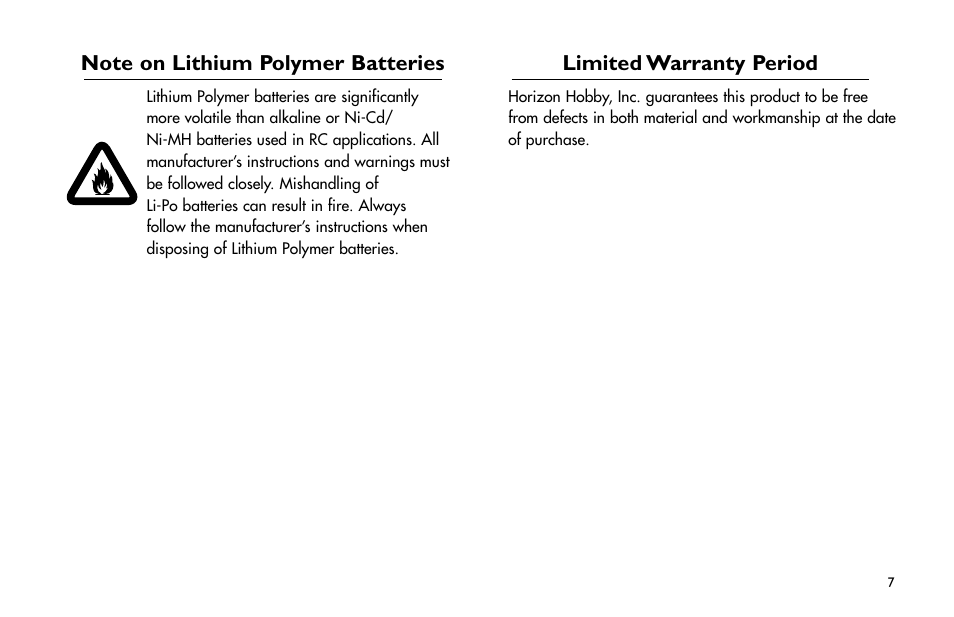 Note on lithium polymer batteries, Limited warranty period, Note.on.lithium.polymer.batteries | Limited.warranty.period | E-flite Extra 260 3D Profile User Manual | Page 7 / 44