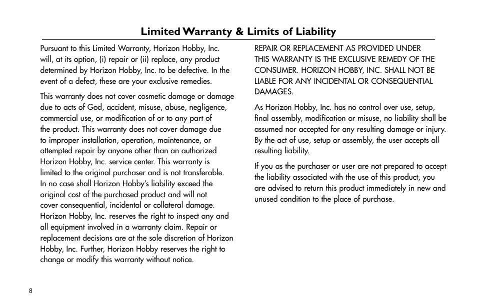 Limited warranty & limits of liability, Limited.warranty.&.limits.of.liability | E-flite Extra 260 3D Profile User Manual | Page 8 / 44