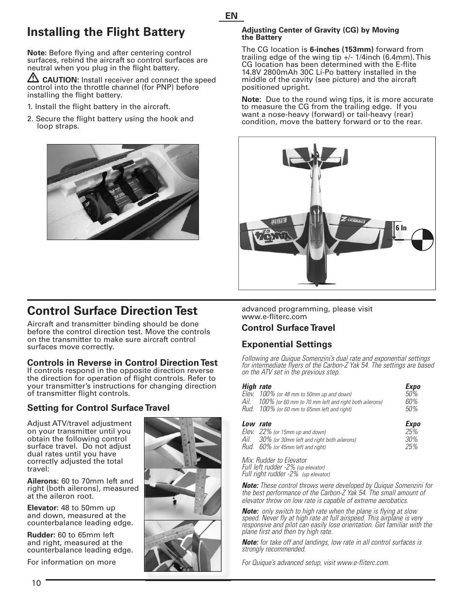 Installing the flight battery, Control surface direction test | E-flite Carbon-Z Yak 54 PNP User Manual | Page 10 / 19