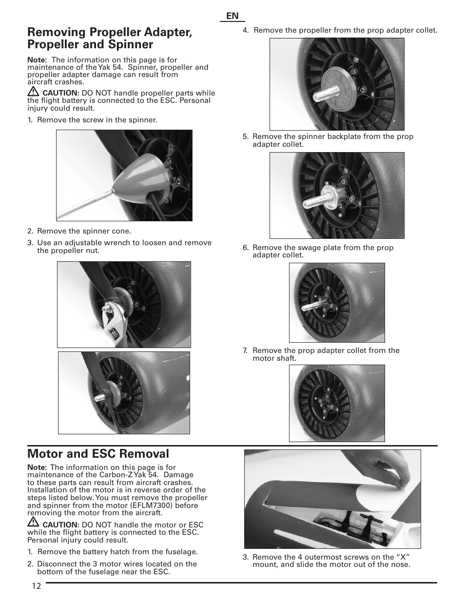 Removing propeller adapter, propeller and spinner, Motor and esc removal | E-flite Carbon-Z Yak 54 PNP User Manual | Page 12 / 19