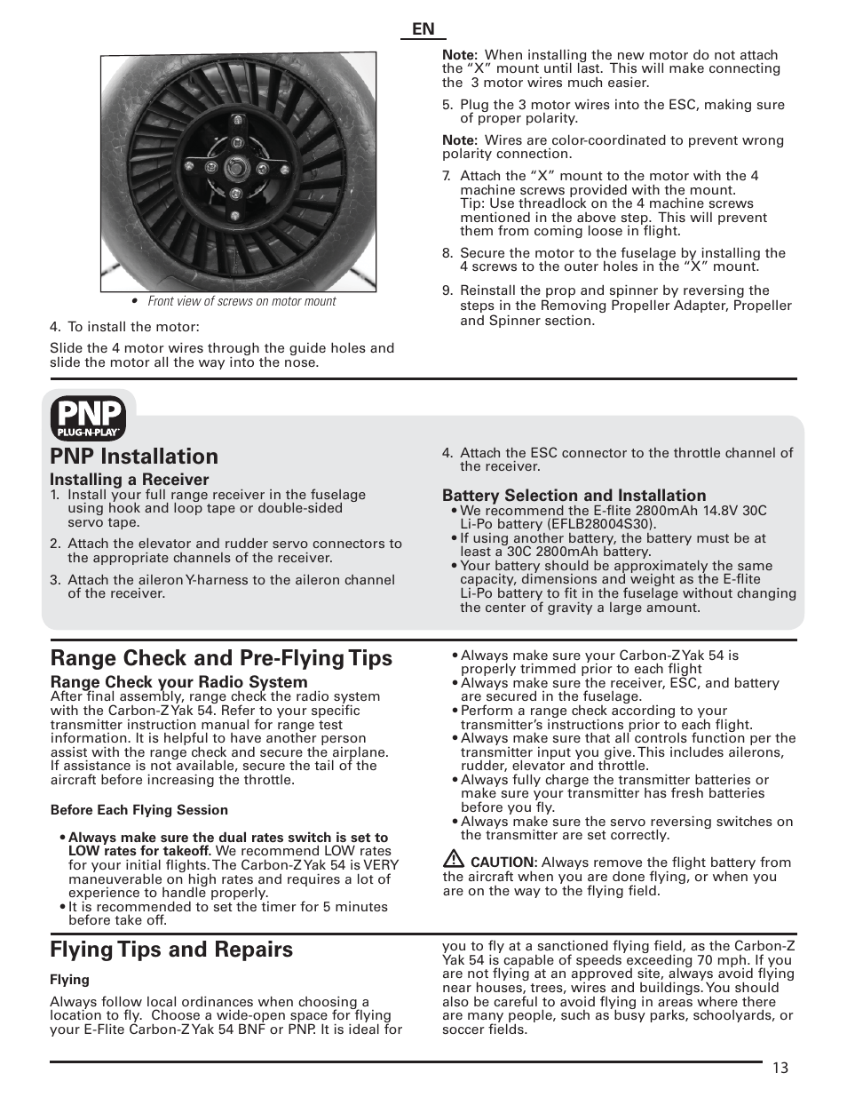 Pnp installation, Range check and pre-flying tips, Flying tips and repairs | E-flite Carbon-Z Yak 54 PNP User Manual | Page 13 / 19