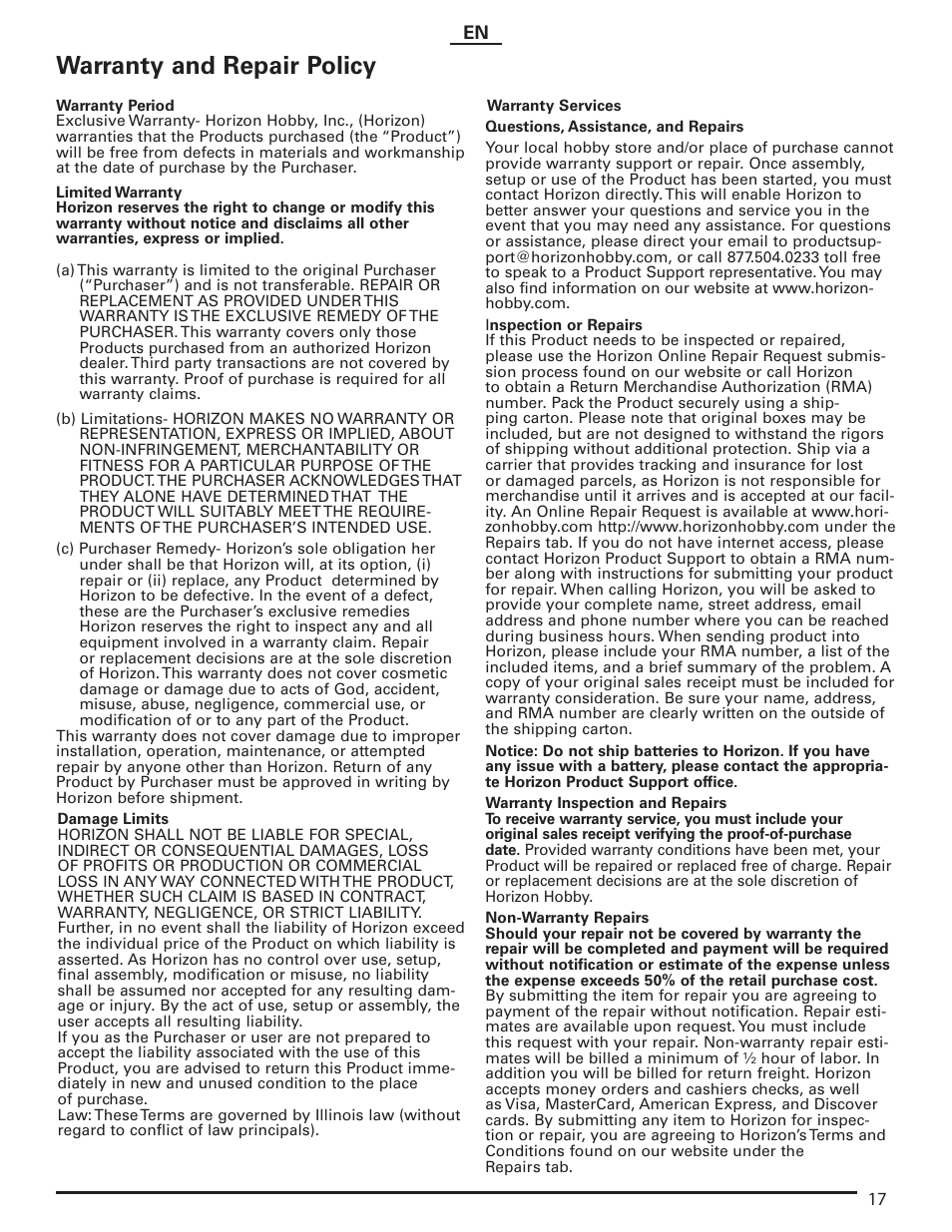 Warranty and repair policy | E-flite Carbon-Z Yak 54 PNP User Manual | Page 17 / 19