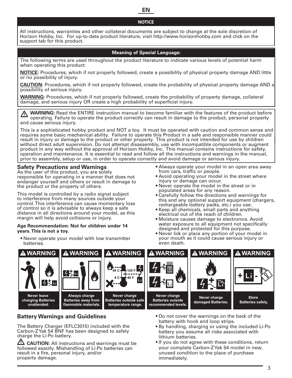 Warning | E-flite Carbon-Z Yak 54 PNP User Manual | Page 3 / 19