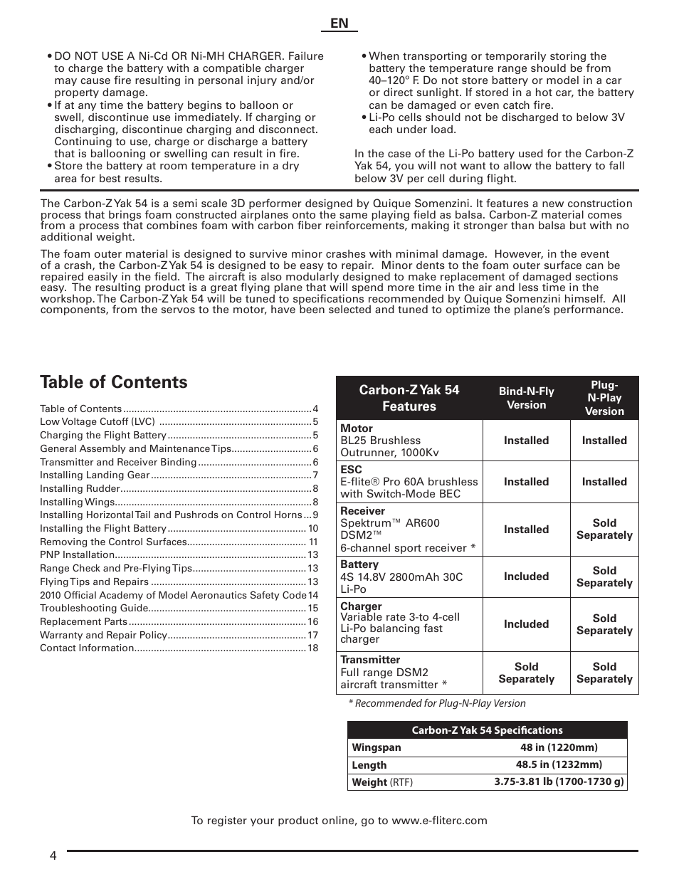 E-flite Carbon-Z Yak 54 PNP User Manual | Page 4 / 19