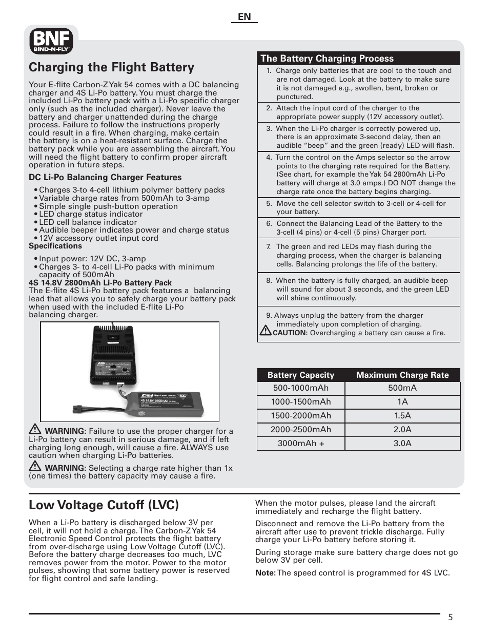 Charging the flight battery, Low voltage cutoff (lvc) | E-flite Carbon-Z Yak 54 PNP User Manual | Page 5 / 19