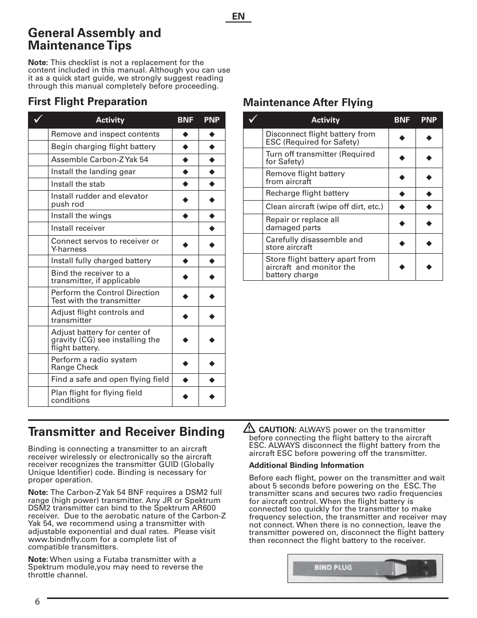General assembly and maintenance tips, Transmitter and receiver binding, First flight preparation | Maintenance after flying | E-flite Carbon-Z Yak 54 PNP User Manual | Page 6 / 19