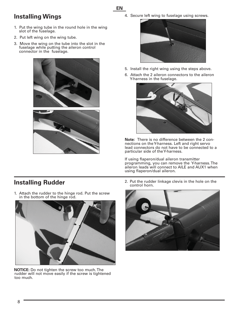 Installing wings, Installing rudder | E-flite Carbon-Z Yak 54 PNP User Manual | Page 8 / 19